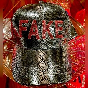 NWT Custom ”Fake News” hat. Red rhinestones, silver, metallic honeycomb print